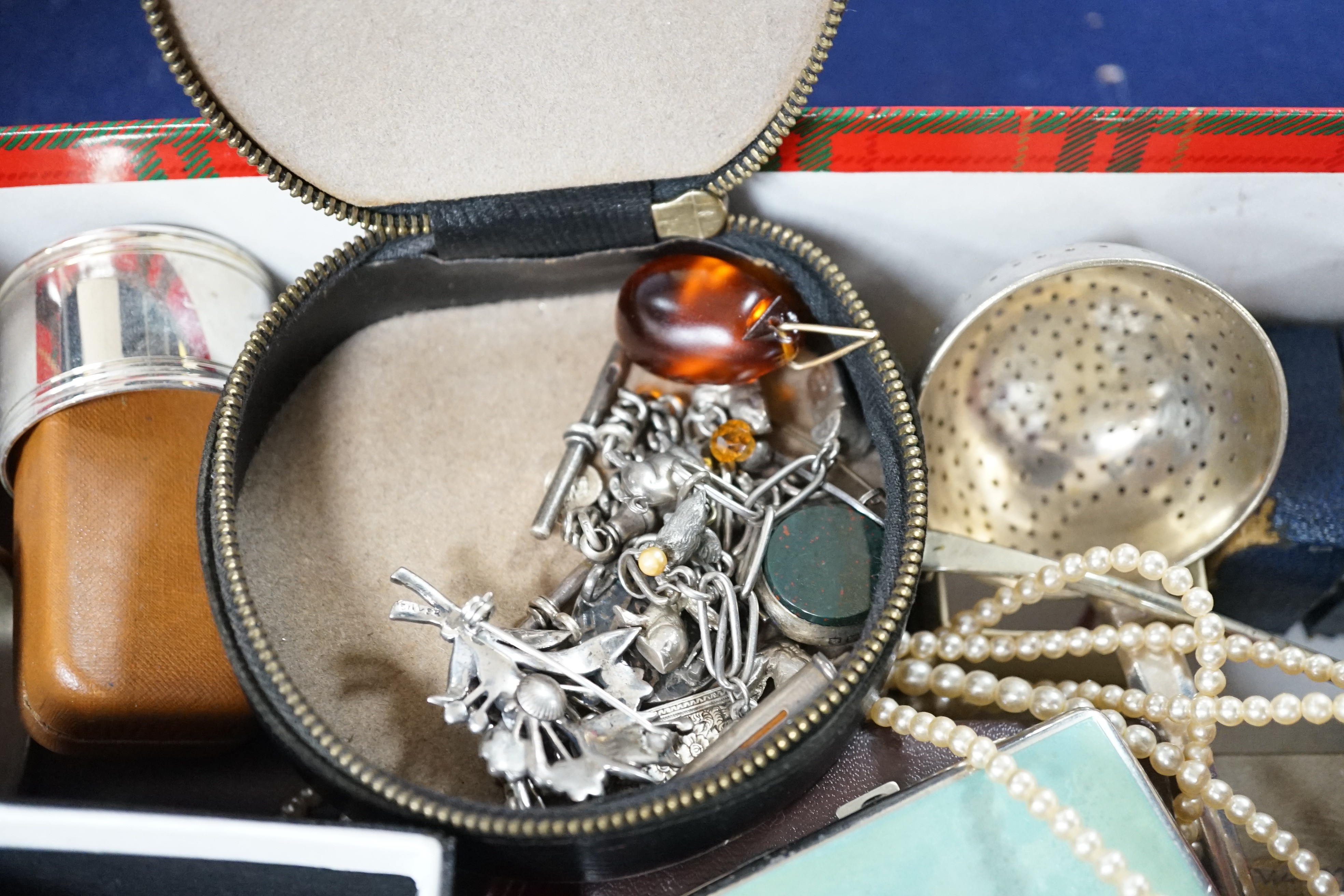 A collection of assorted jewellery including costume, silver and enamel flower head brooch, silver mounted amber cigarette holder, plated flatware, necklaces, commemorative coin, Victorian silver locket, white metal brac